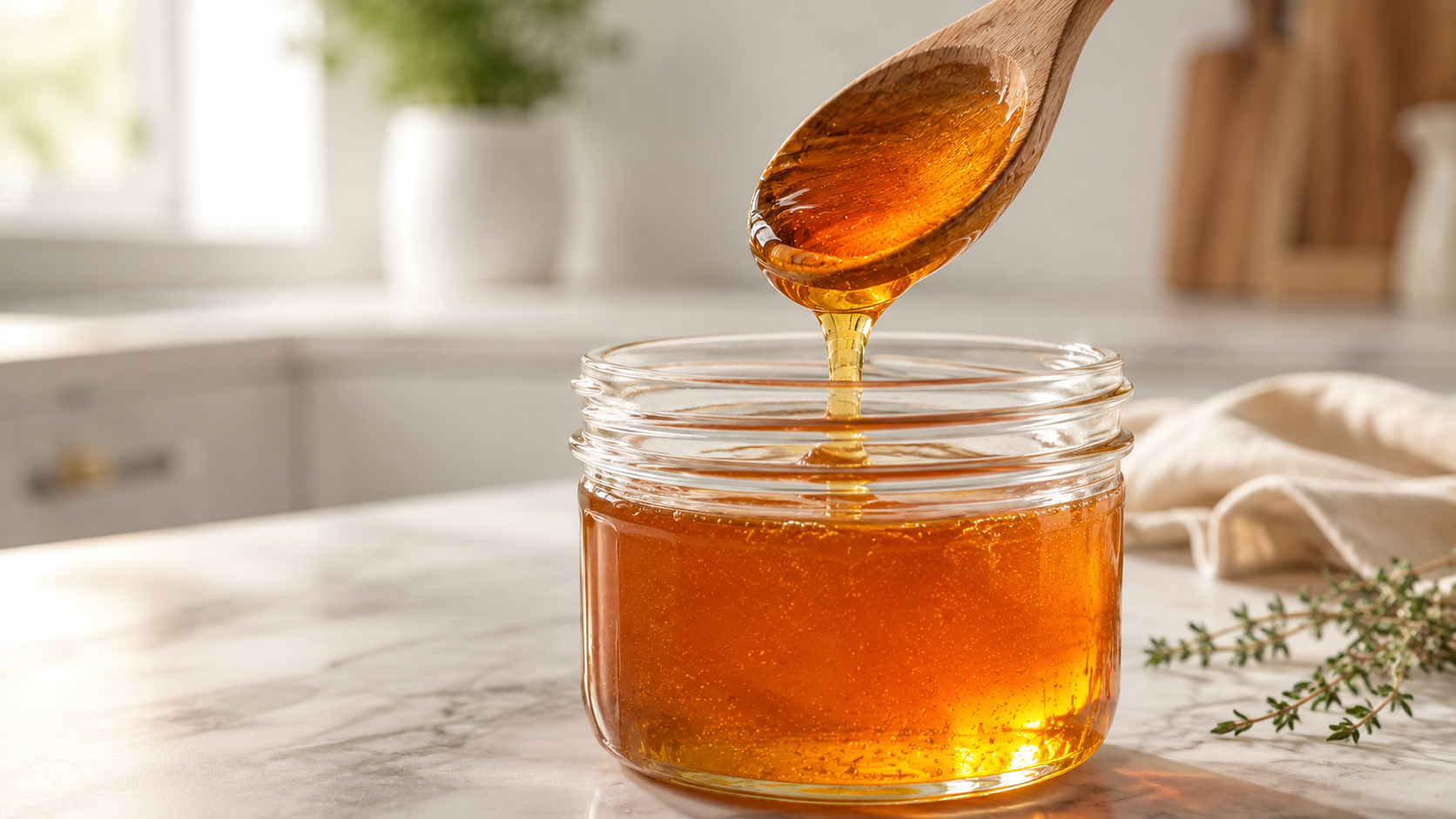 A spoonful of honey being poured into a glass jar on a kitchen counter
